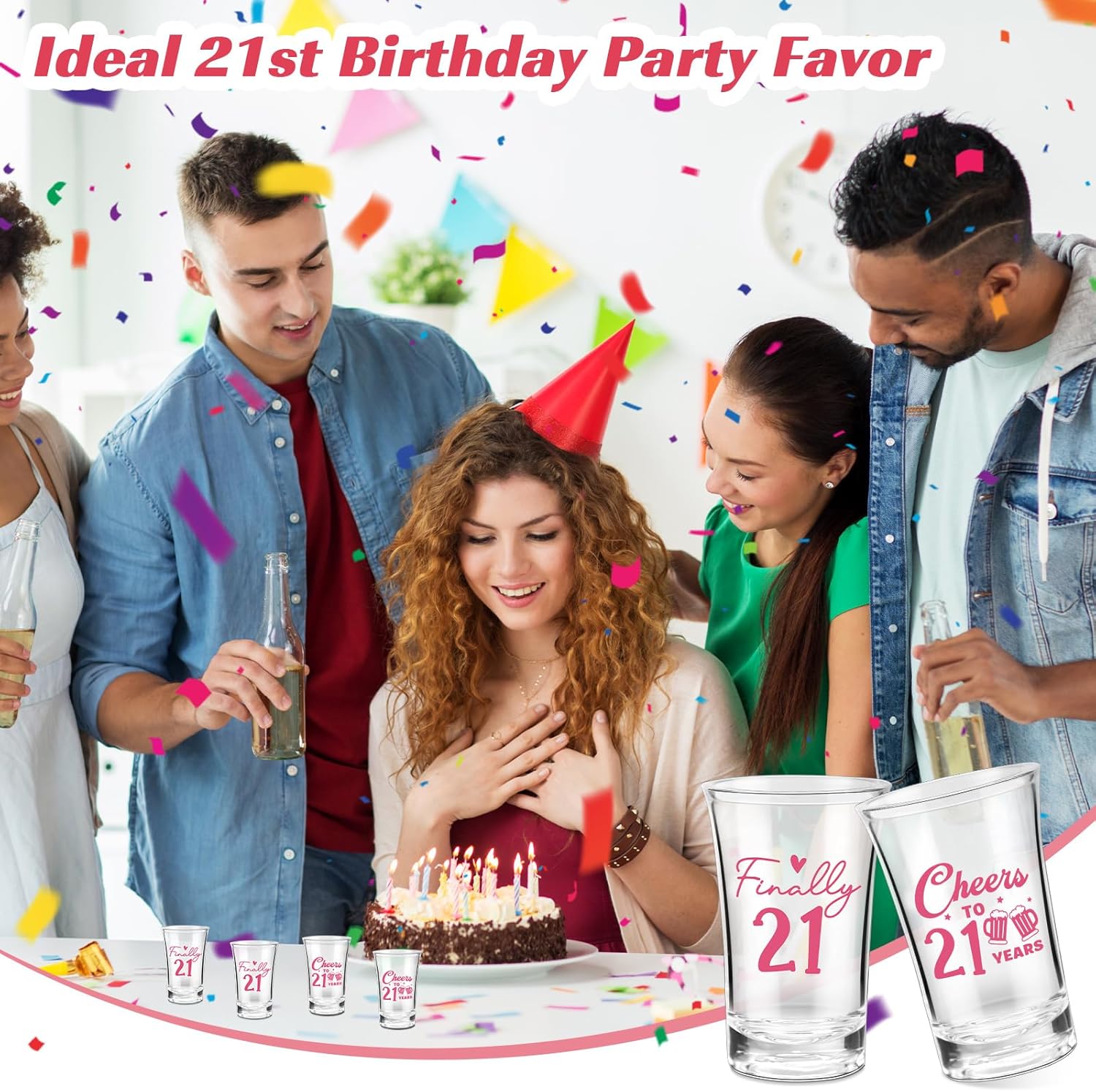 24 Sets 21st Birthday Party Favor Finally 21 Shot Glasses Thank You Tag Organza Bag Twine for Guests(Pink,Acrylic) - Image 5