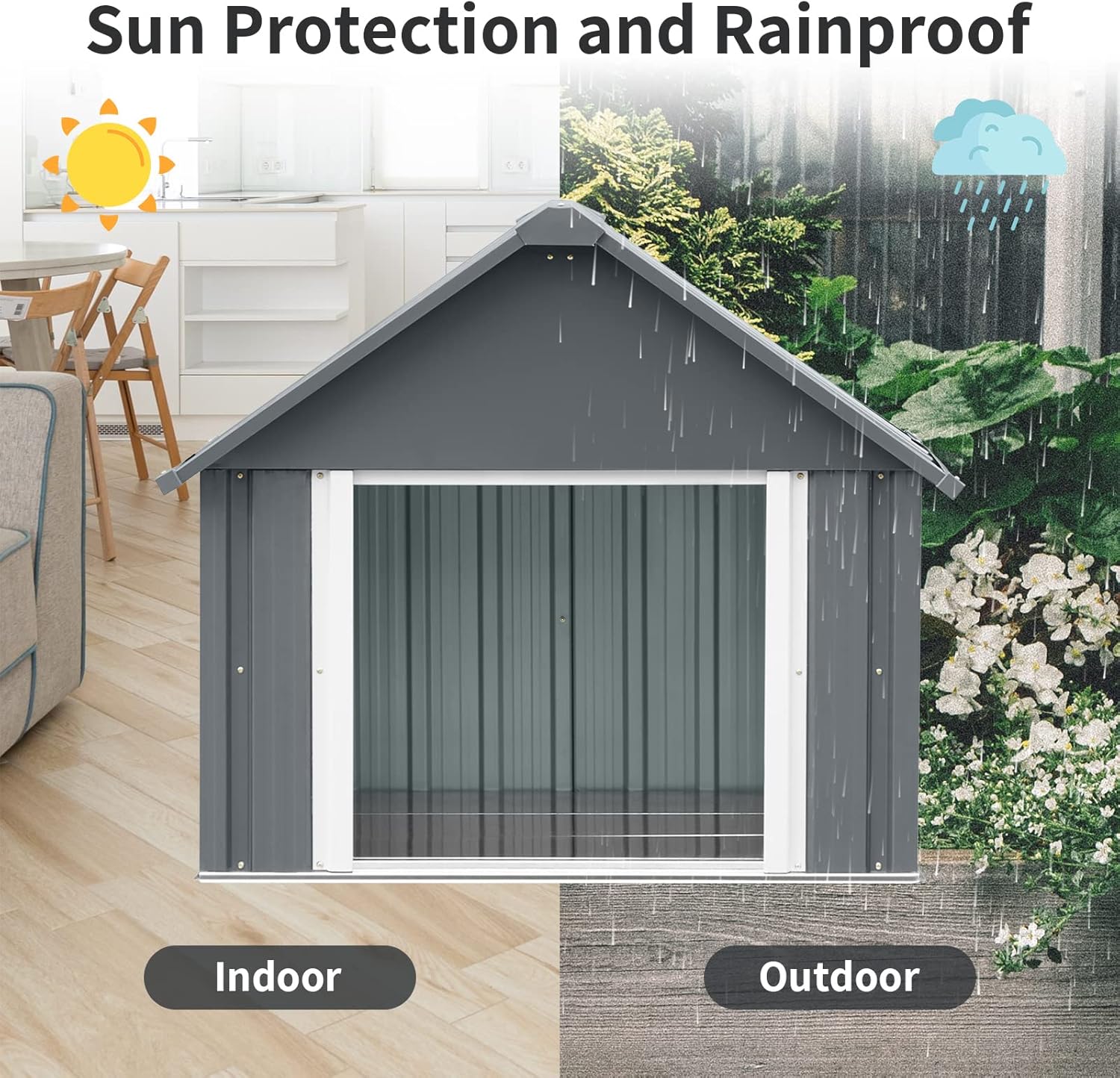 34 X 38 X 35 Inch Metal Dog House, Indoor Outdoor Doghouse for Medium Large Dogs, Weatherproof Puppy Shelter, Sturdy and Long-Lasting Dog Houses