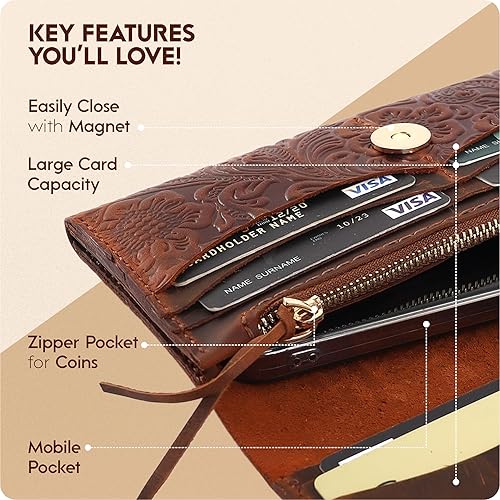 Miniatura 3 de Toros Craft Billeteras occidentales hechas a mano para mujer, de cuero genuino y con portatarjetas largo, estuche delgado para teléfono celular de