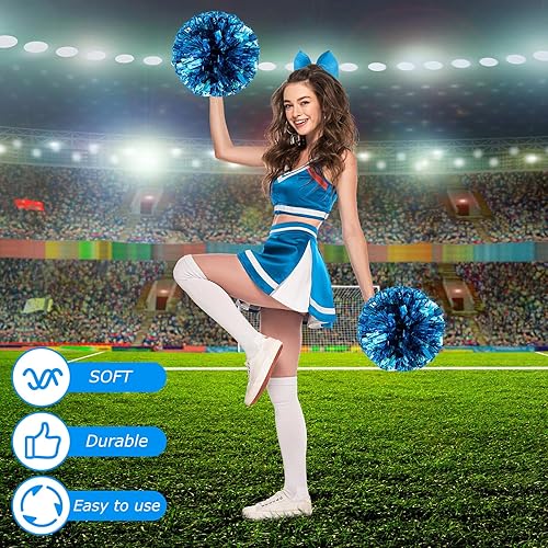 Miniatura 76 de Hanaive 3 pompones de animadora y lazo grande para animadora para el pelo, suministros metálicos para animadora de espíritu de equipo, deportes