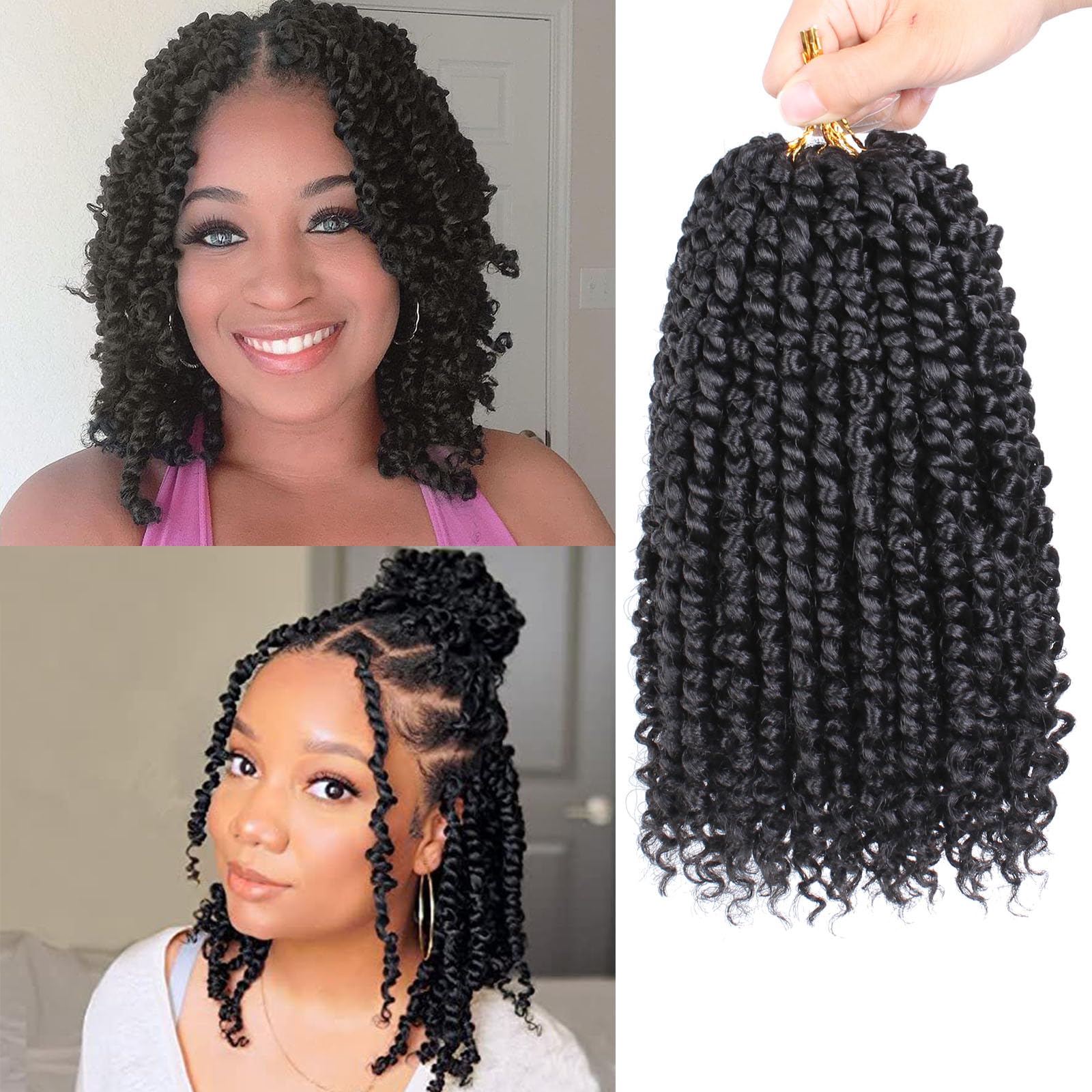 Samtress 10 Inch Passion Twist Crochet Hair 8 Packs Short Pre-twisted Passion Twist Hair Water Wave Crochet Braids Synthetic Black Prelooped Curly Twist Braiding Hair Extensions for Women (#1B)