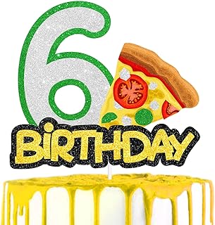 Pizza Theme 6th Happy Birthday Cake Topper - Great Decor for Snack Party, Italian Pizza Lovers Themed Party, or Pizza Themed Birthday Party for Boys and Girls - SugarGera