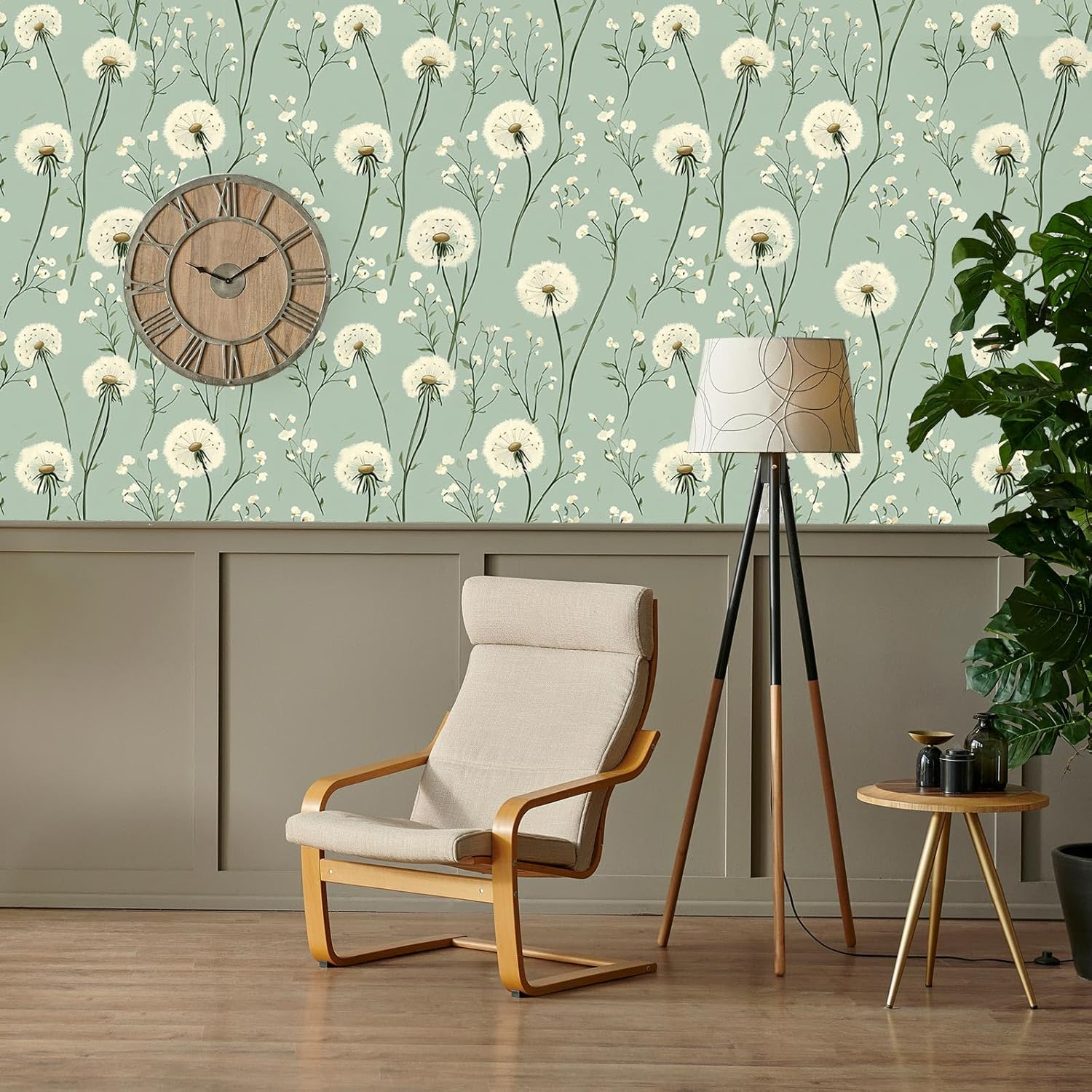 Dandelion Floral Peel and Stick Wallpaper Green Self Adhesive Removable Vinyl Wallpaper Botanical Floral Watercolor Boho Accent Wall for Bedroom Living Room Nursery 17.7" X 118"