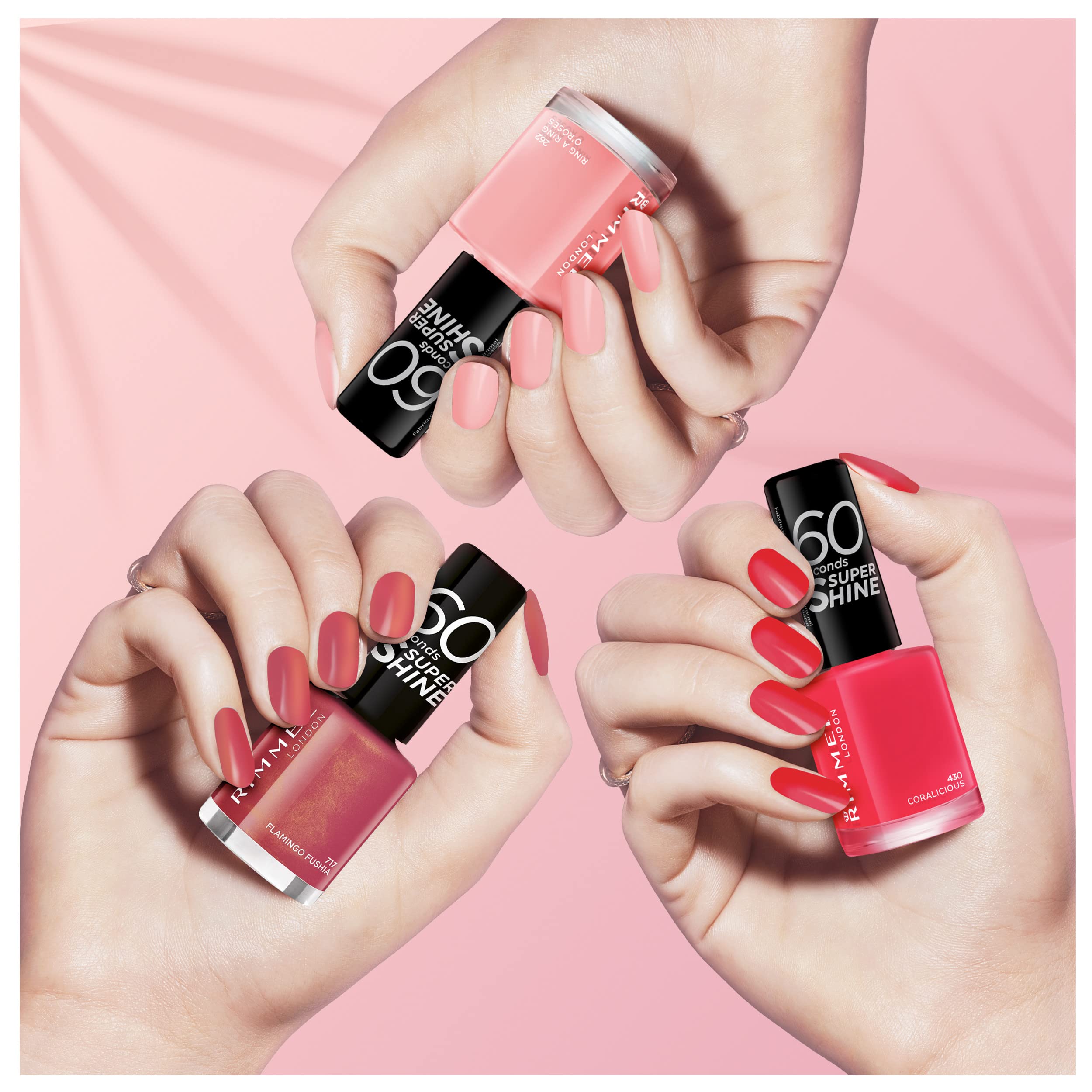 Rimmel London 60 Seconds Super Shine Smalto, Smalto asciugatura rapida, Colore vibrante, A lunga tenuta, 8 ml, 262 RINGARING Roses