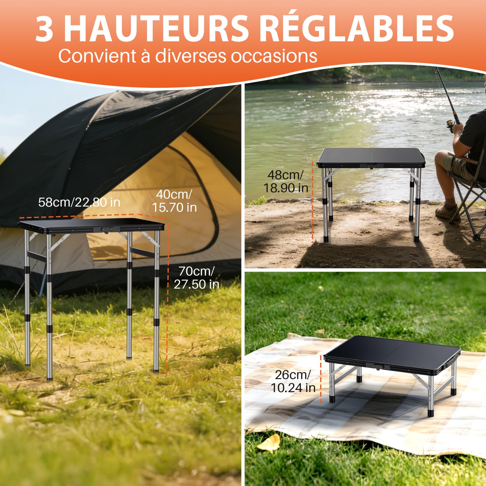 FUNYKICH Table de Camping Pliante,3 Hauteurs Réglables,70 cm Noir | Table de camping pliante 58 × 40 cm,pieds aluminium,3 hauteurs 26/48/70 cm pour barbecue et pique-nique