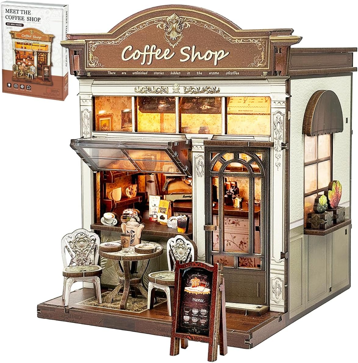 Book Nook Kit, DIY Miniature House Dollhouse Kit for Adults and Teens, Booknook Tiny House Bookshelf Decor with LED, Coffee Shop Building Kit 3D Wooden Puzzles, Gifts for Family and Friends