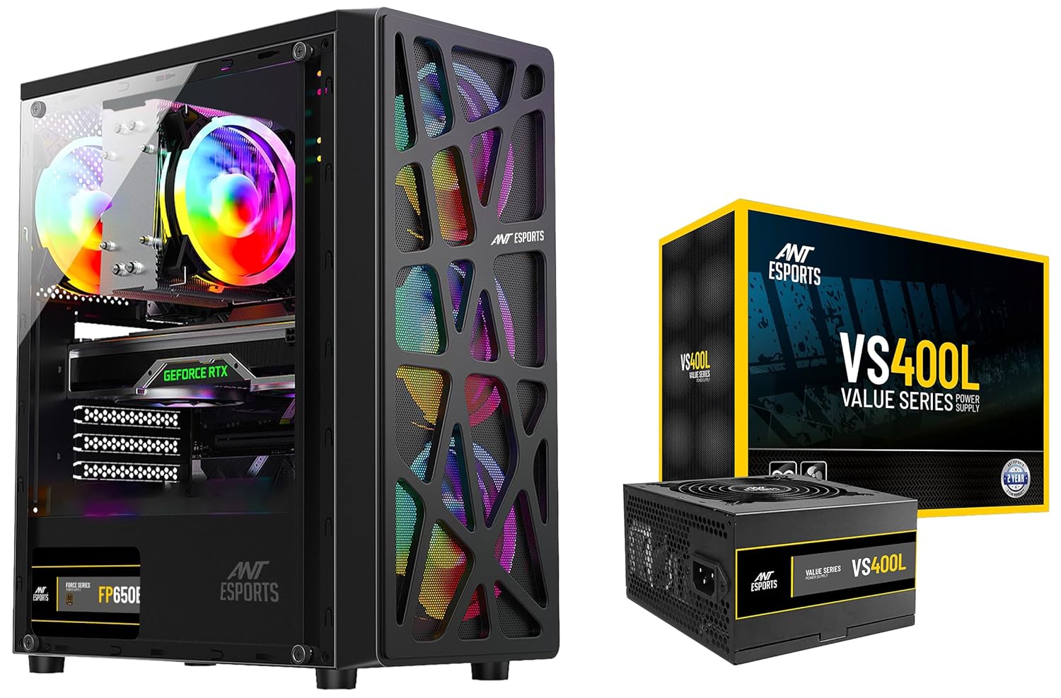 Ant esports Combo Elite 1100 Mid-Tower Computer Case/Gaming Cabinet – Black with Ant Esports VS400L NonModular High Efficiency Gaming Power Supply/PSU with Continuous Power and 120mm
