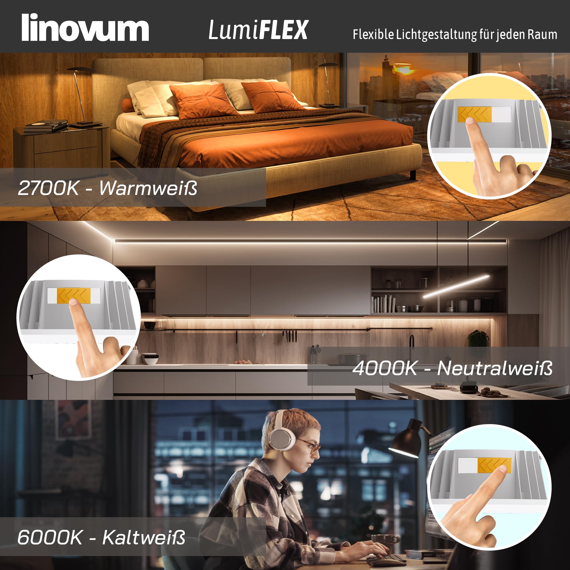 linovum CERBUS Einbauspot weiß IP65 flach 22mm 3 Lichtfarben Bad & Außen | Ultraflacher Einbauspot IP65 - nur 22mm tief, warm / neutral / kalt per Schalter, für Bad, Dusche & Küche, direkt an 230V