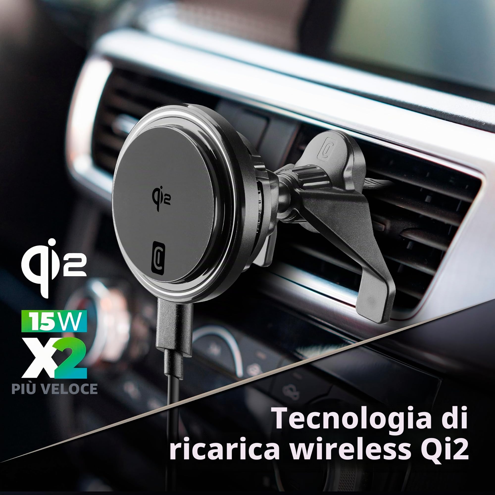 cellularline FREEZE MAG, Supporto Auto con Raffreddamento e Ricarica Wireless Magnetica Qi2 fino a 15W, Installazione su Parabrezza o Bocchette, Mag Ring Incluso, Compatibile con Smartphone Qi2