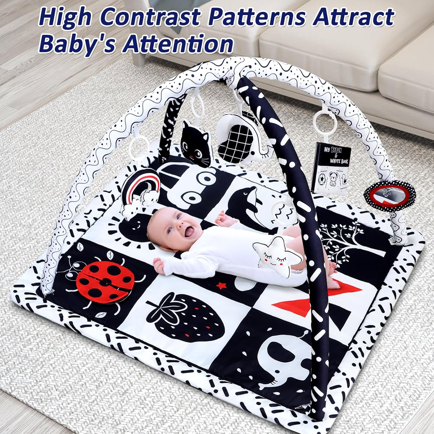 Black and White Baby Gym Play Mat with 6 Toys Tummy Time Activity Mat for Babies 0-6 6-12 Months High Contrast Baby Gyms & Playmats Sensory Toys Newborn Brain Development Infant Play Mat