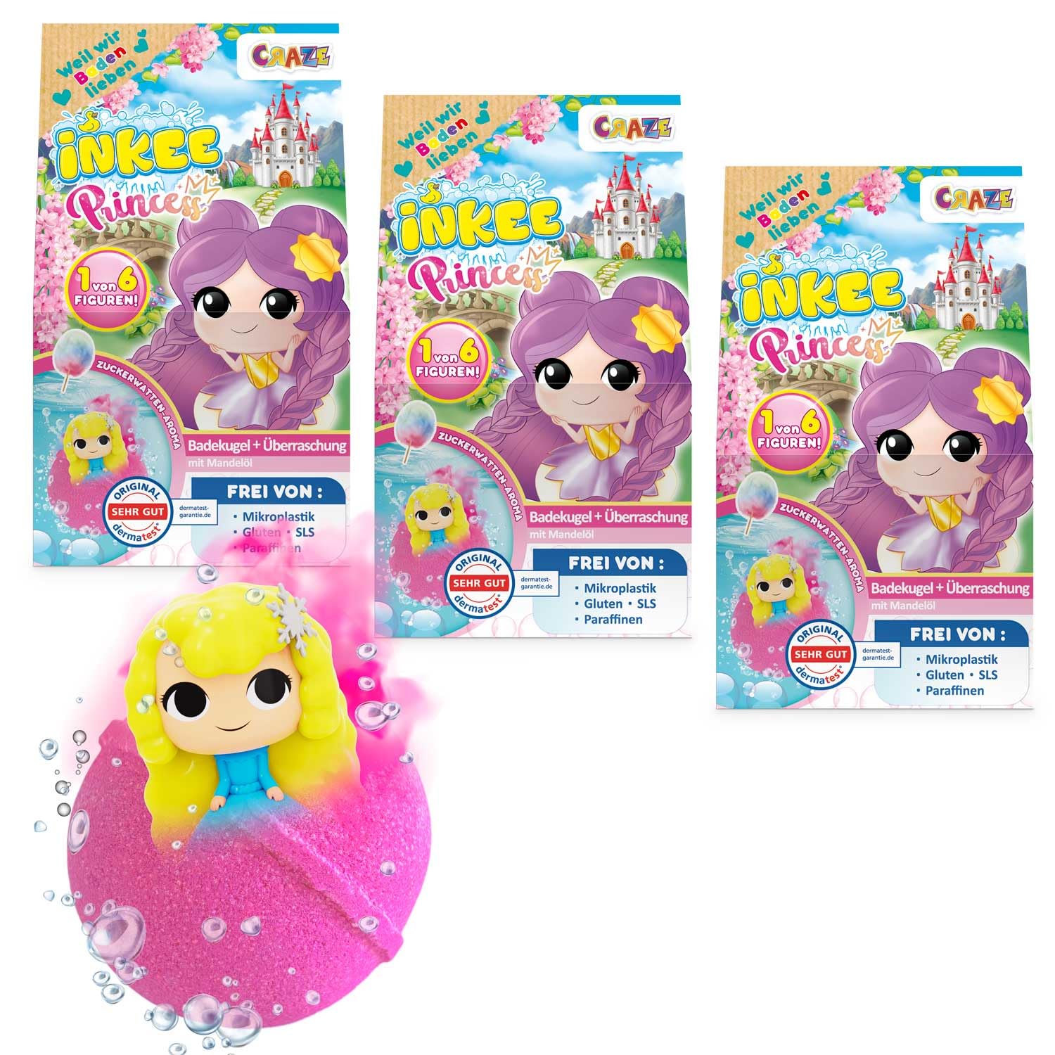 INKEE Surprise Bath Bomb Princess Bundle of 3 – 100 g Each, Fun Bath Toys for Kids with Surprise Inside – Bath Fizzers Gift Set, Bath Bombs for Children