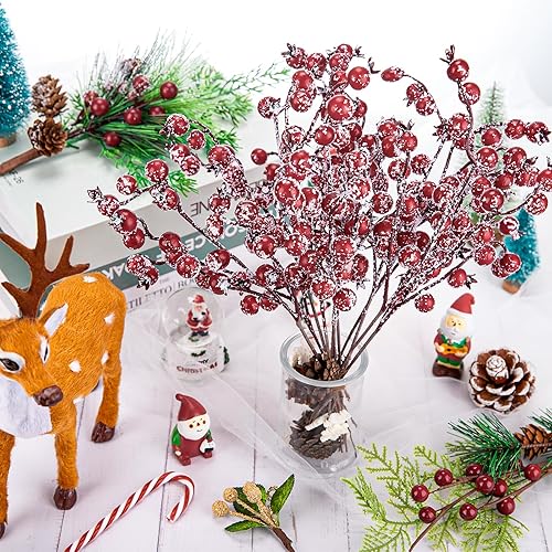 Miniatura 3 de Whaline Paquete de 12 púas de bayas artificiales de Navidad de invierno, tallos de bayas rojas esmeriladas de 11.8 pulgadas, ramas falsas de bayas