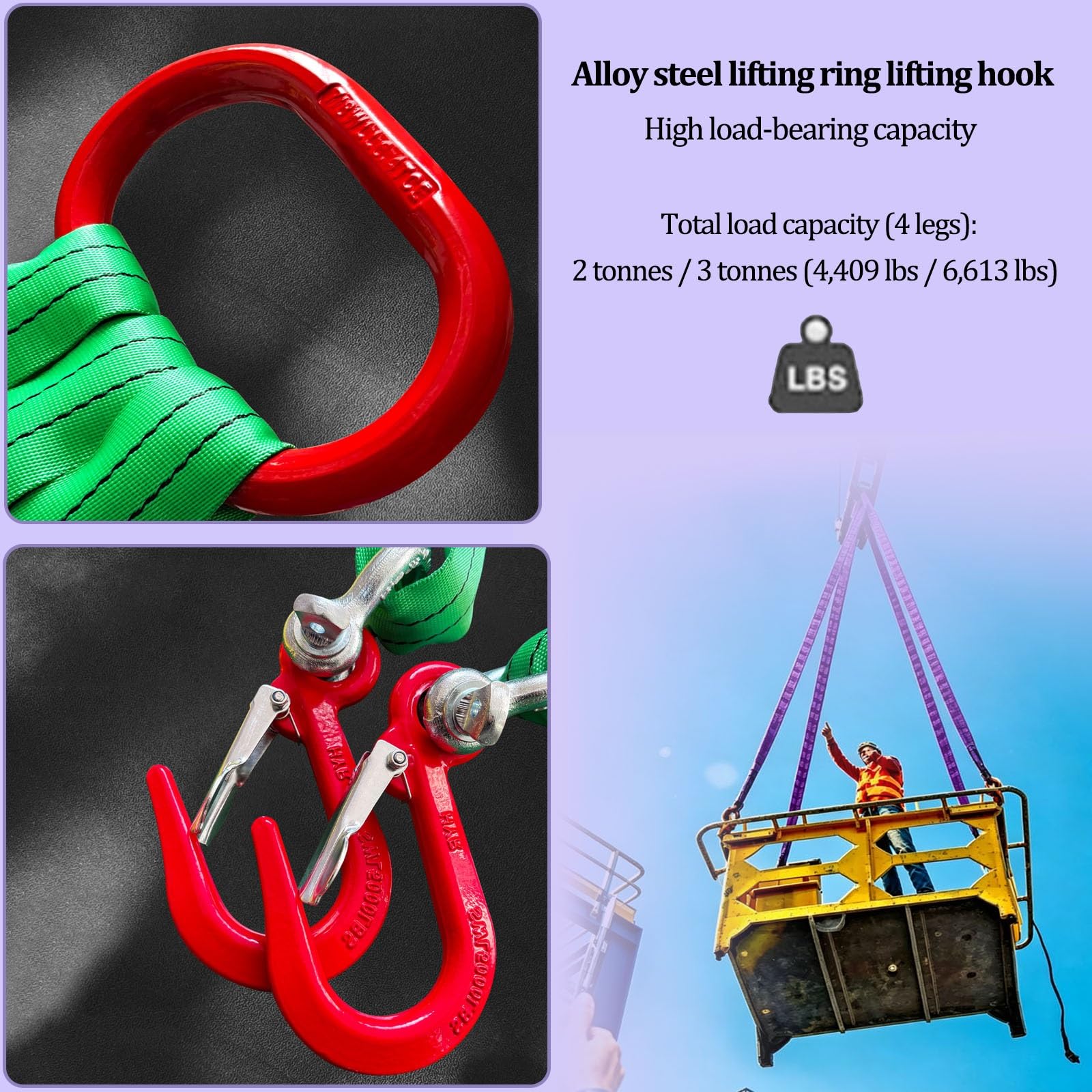 Eslingas de elevación con ganchos, capacidad de 4409 libras (2000 kg), eslinga de poliéster tipo ramal para fábricas, construcción, minería, puertos, remolque de carga y vehículos(3 tons,2m)