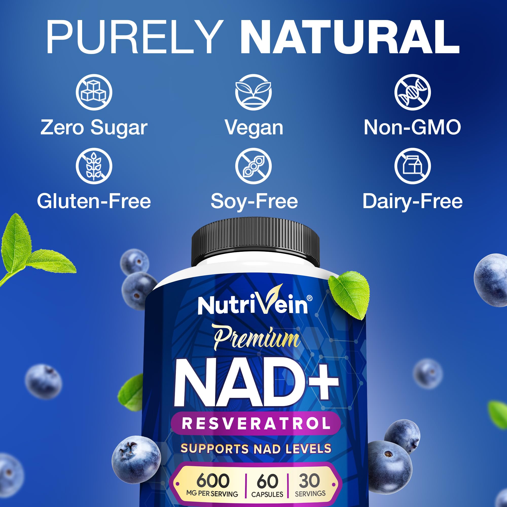 Nutrivein Premium NAD + Resveratrol Supplement 600 mg - 30 Servings (60 Capsules): Powerful Synergistic NAD Resveratrol Supplement - Aging, Cognition, Metabolism, & Overall Well-Being