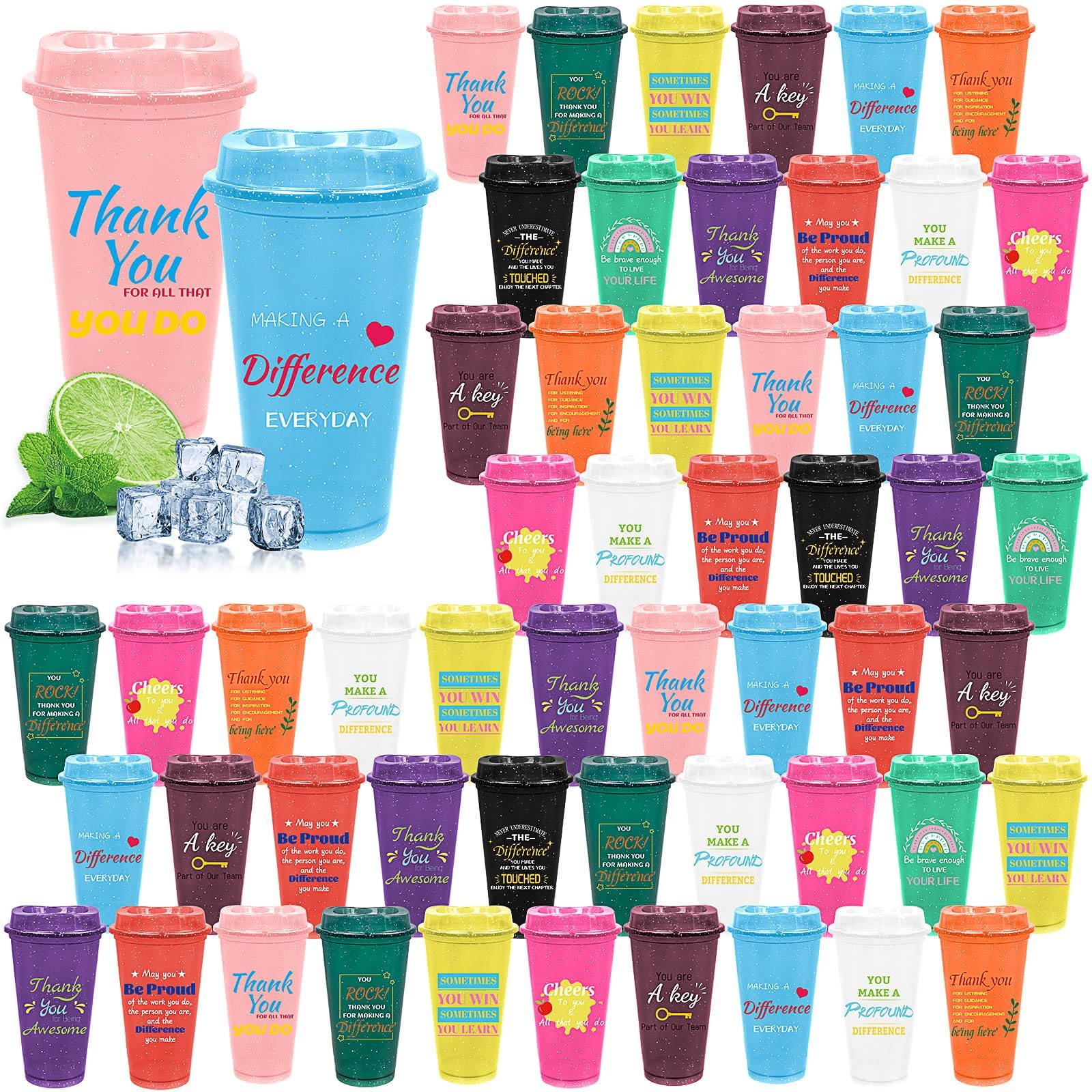 48 Pcs Reusable Thank You Coffee Cups with Lids, 470 ml Plastic Travel Mugs