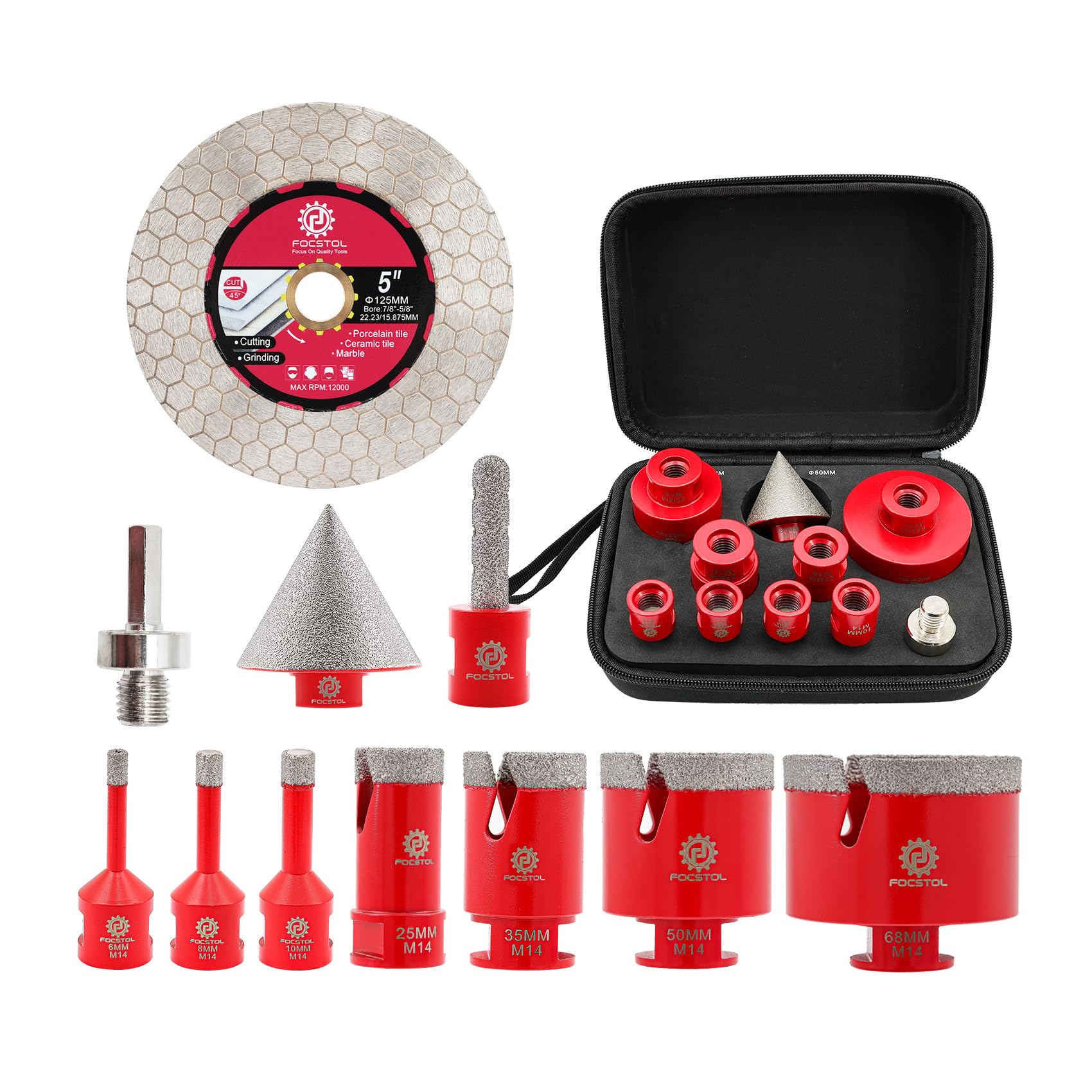 FOCSTOL Foret Diamant Carrelage Kit - 11 pièces (6/6/8/25/35/50/68mm+10mm Fraise+50mm Mèches Chanfrein Biseautées+Adaptateur+125mm Disque) Scie Cloche Diamantée pour Porcelaine Carrelage Marbre Granit