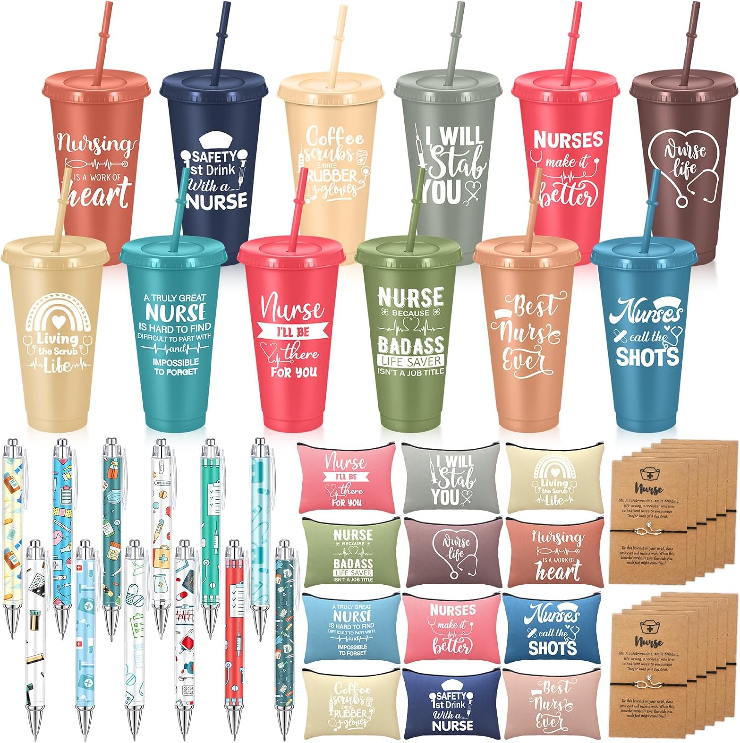Teenyyou 48 Pcs Nurse Appreciation Gifts Bulk Thank You Gifts Set with Nurse Tumbler Makeup Bag Doctor Ballpoint Pens Stethoscope Rn Bracelet for Nursing Holiday Favors(Artistic,Vibrant Color)