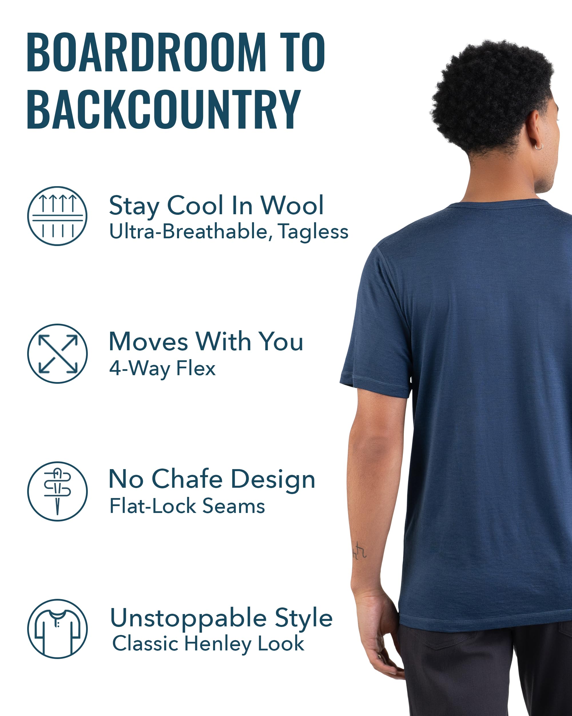 Men's Merino Short Sleeve Henley by Woolly | RWS Certified | Super Soft, Classic Style, Seattle Designed - Deep Sea Blue - S