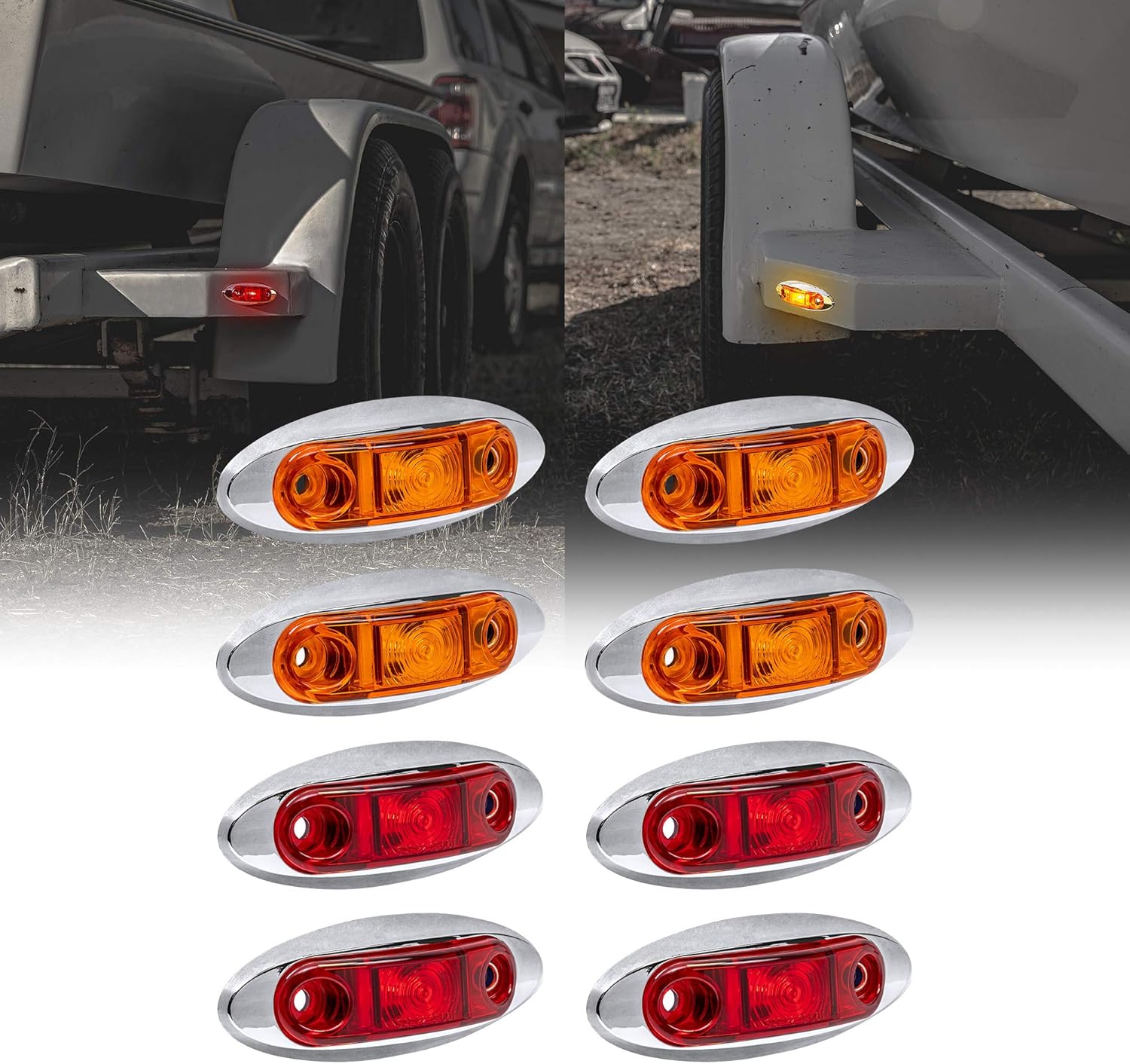 8pc 2.5" Amber + Red LED Trailer Marker Light w/Chrome