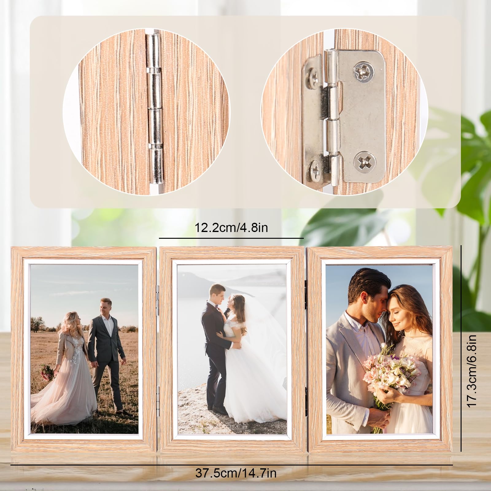 XTDMJ Cornice portafoto per 3 foto, girevole, 9 x 14 cm, pieghevole, in legno, con vetro, multi-cornice per matrimonio, famiglia, bambino, marrone chiaro, 5,6 x 3,5 pollici