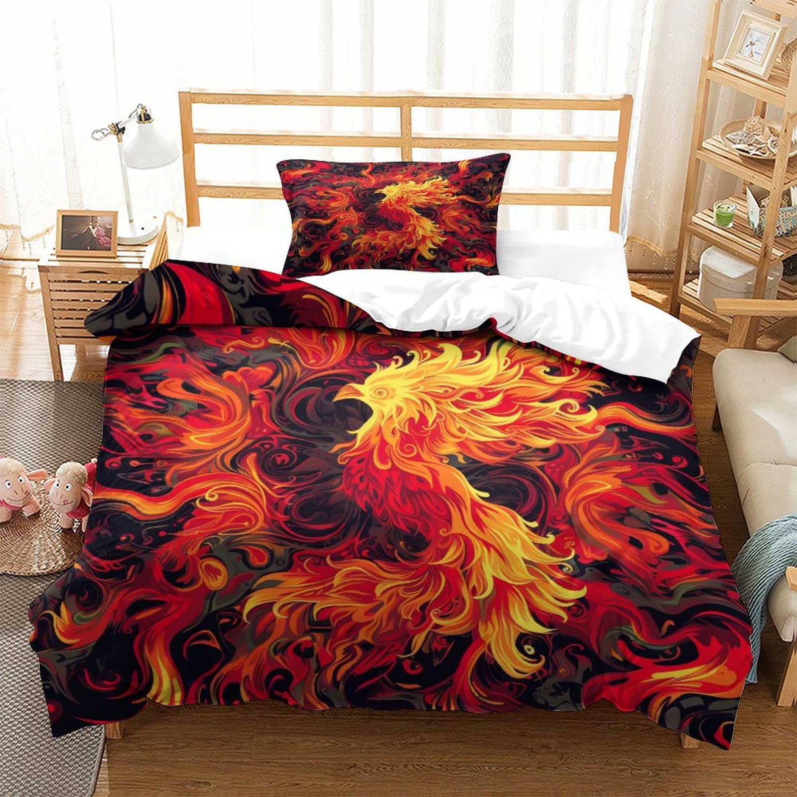 P1S9U7W5Y 3D Printed Flaming Phoenix Duvet Cover Set 3 Pieces Microfiber Bedding Phoenix Bedding Set Bedroom Decor for Adults Teens Soft Breathable Single（135x200cm）