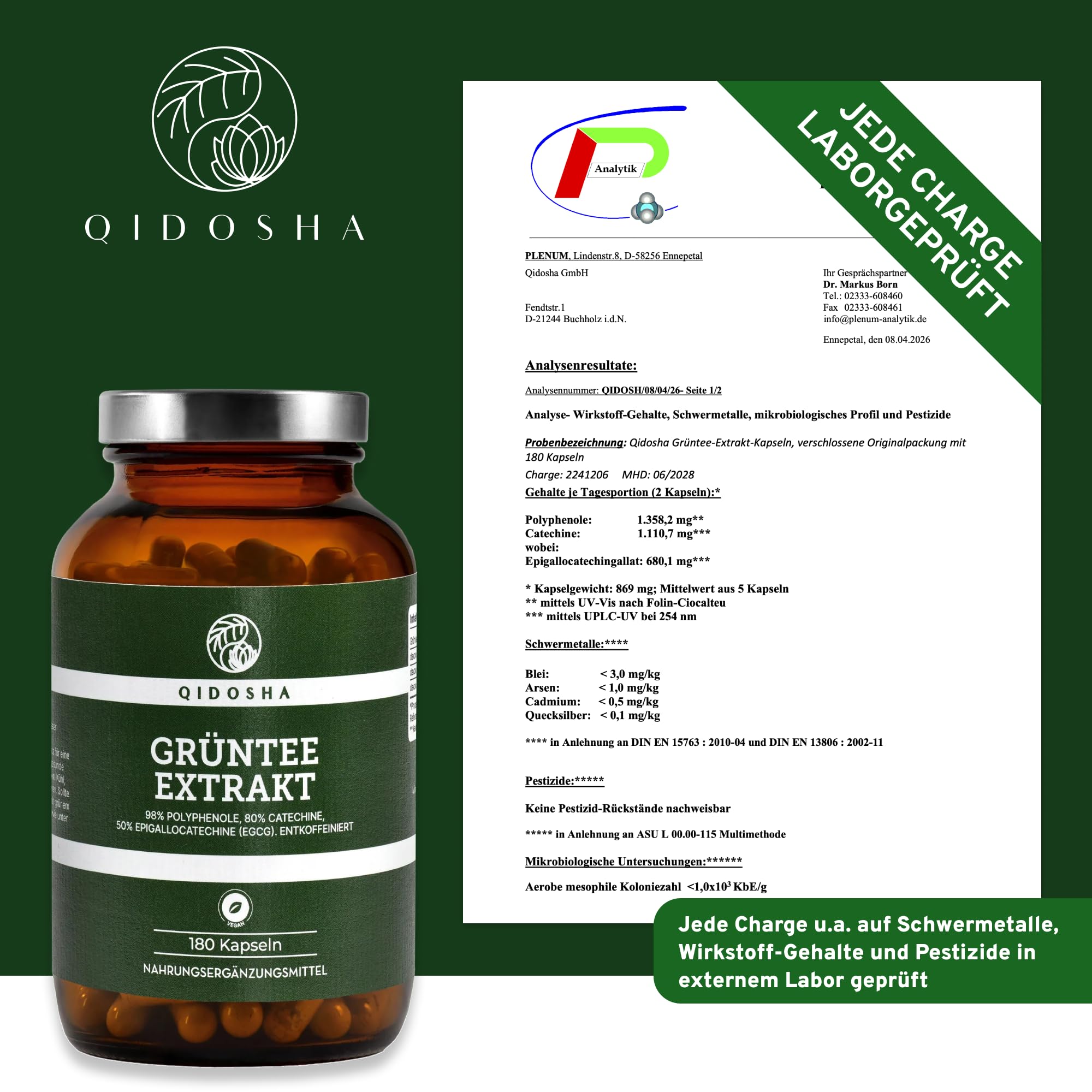 QIDOSHA® Grüntee Extrakt Kapseln entkoffeiniert mit 50% EGCG, 180 Stk, 700mg Grüntee-Extrakt ohne Koffein je Kapsel, davon volle 350mg reines EGCG, EGCG Kapseln hochdosiert ohne Koffein