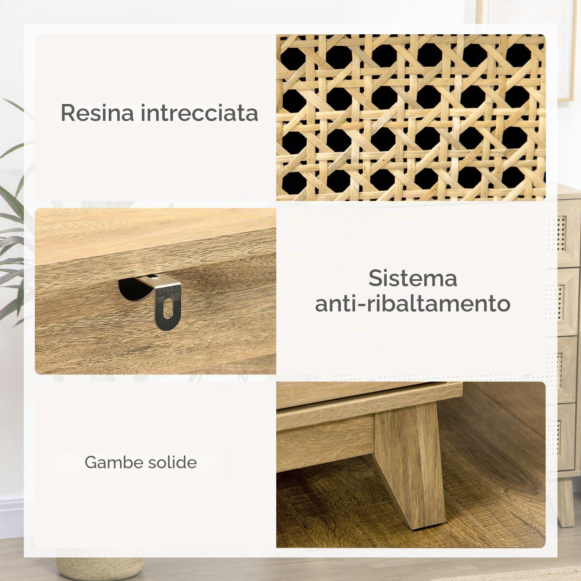 HOMCOM Cassettiera 3 cassetti 80x35x76cm Effetto legno chiaro