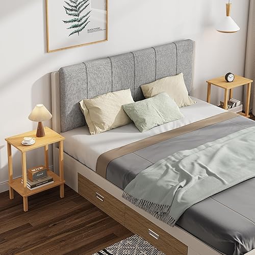 Miniatura 17 de TUTOTAK TB01BK035 - Mesa auxiliar, mesita de noche con estante de almacenamiento de 2 niveles, para espacios pequeños, 2 unidades Negro,Marrón,Gris