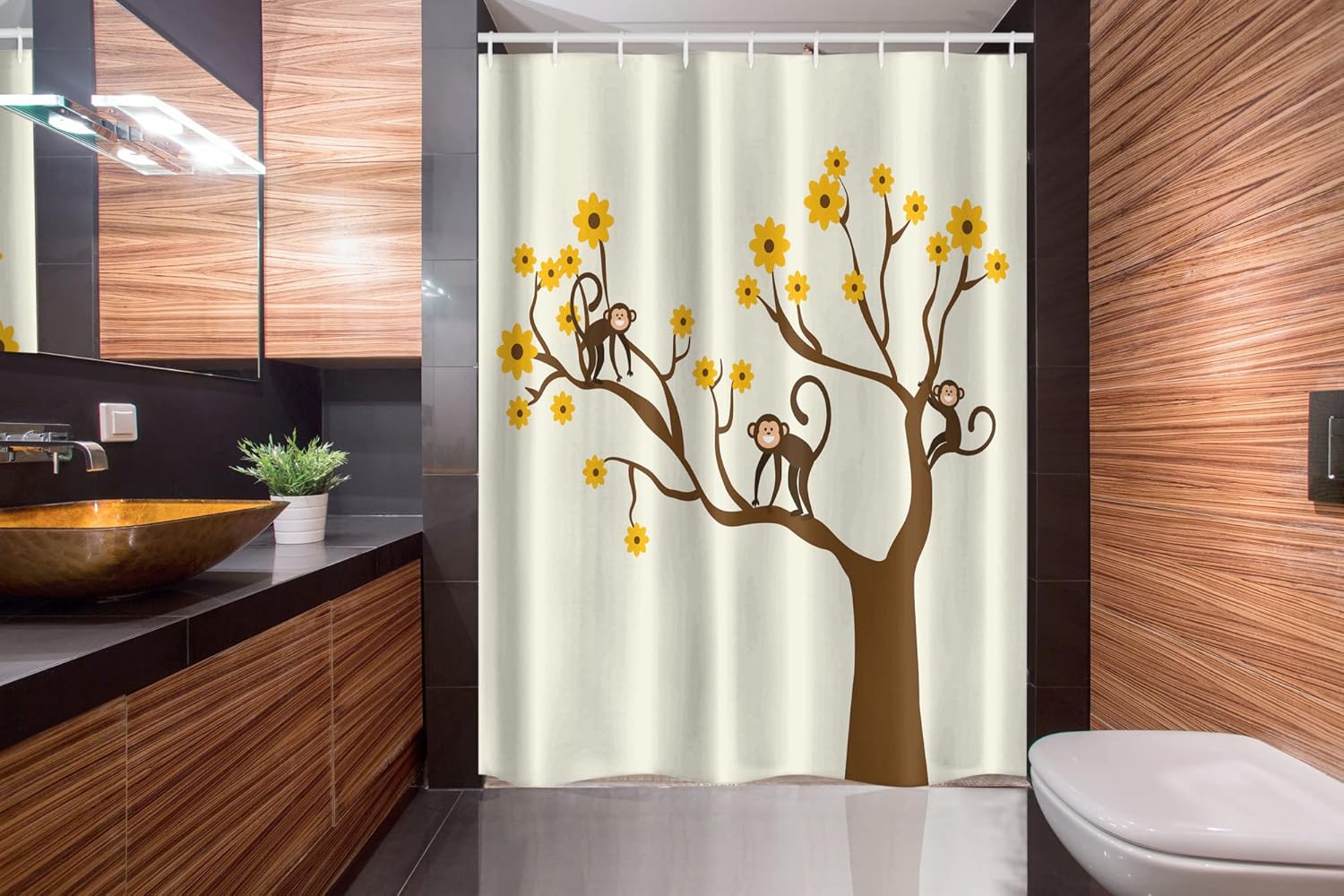 Ambesonne Funny Stall Shower Curtain, Monkey Animations Fun Chimpanzees Climbing on Daisy Trees Animal Life, Fabric Bathroom Decor Set with Hooks, 54" W x 78" L, Brown Yellow