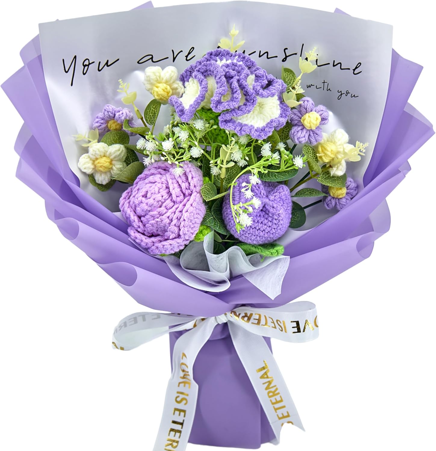 YSHomy Crochet Flowers, Crochet Flower Bouquet with Purple Rose, Tulips, Carnation,Forever Flowers Gift for Mom, Mother’s Day Birthday Graduation Gift,Include Card