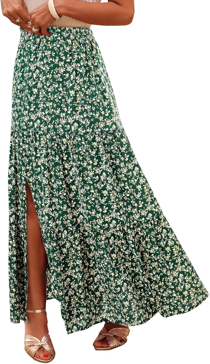 Happy Sailed Summer Skirts for Women Floral Print High Waist Flowy Split A Line Boho Maxi Skirt with Pockets - Image 4