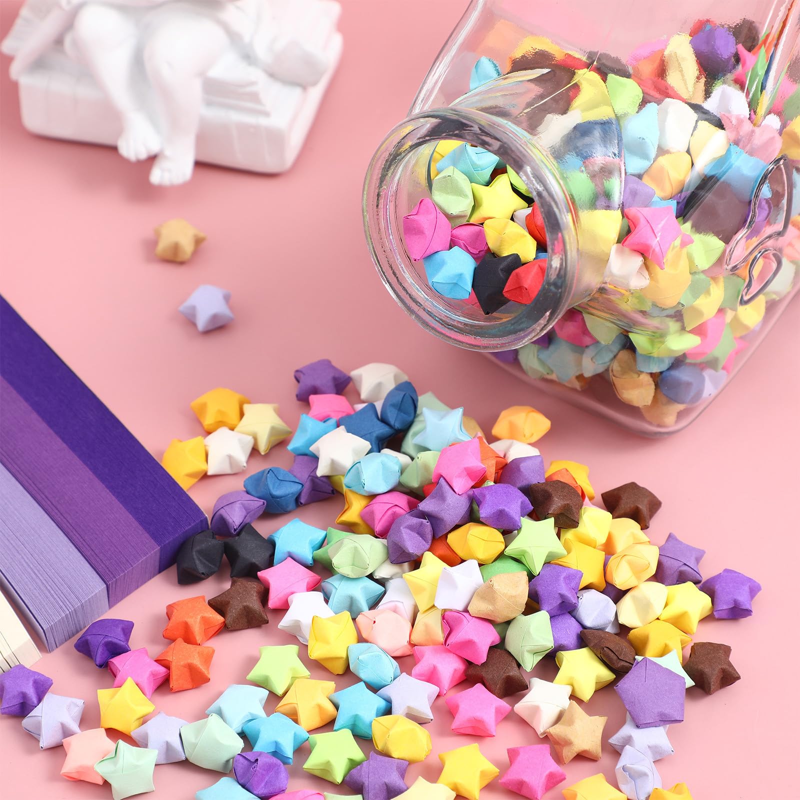 Abaodam Tiras de Papel para Origami de Estrella Degradado Morado con Botella de Cristal para Deseos, Kit de Manualidades Diy, Obsequio Romántico para Cumpleaños y Decoración Infantil