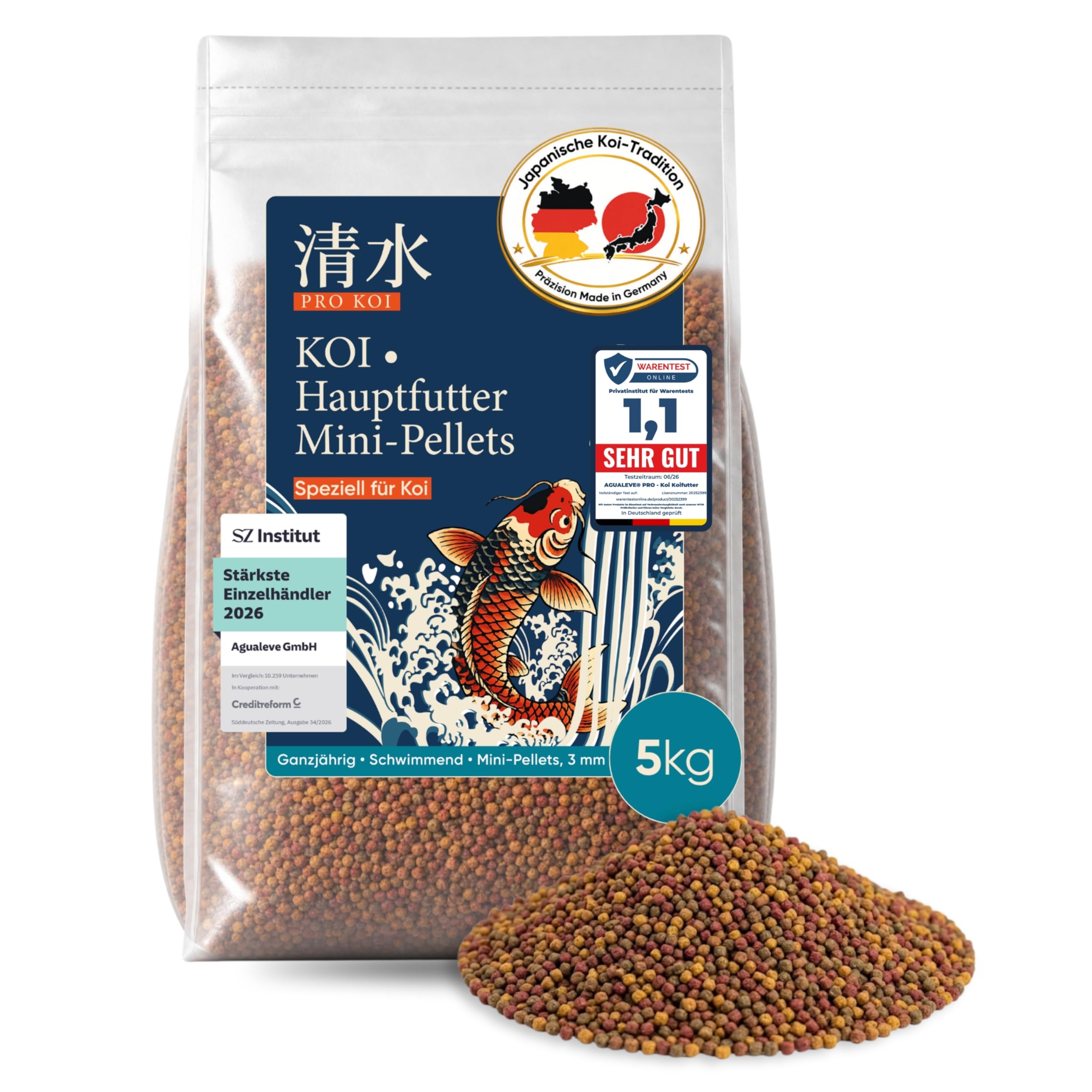 PRO KOI Hauptfutter Mini-Pellets 15 L (ca. 5 kg) – täglich | schwimmende Pellets 3 mm | für Koi | Basis & Farbe | Weizenkeim, Spirulina, Astaxanthin | Made in Germany