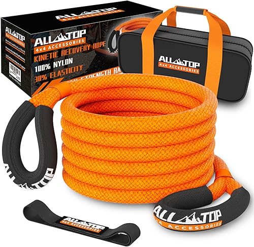 ALL-TOP Cuerda de remolque de recuperación cinética de 1 pulgada x 20 pies (48,000 libras MBS), cuerda de enganche resistente para todoterreno,