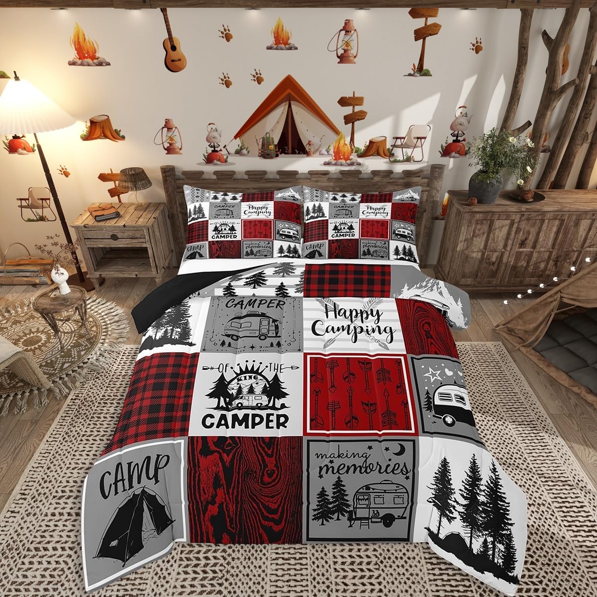 Erosebridal Camper Queen Bedding Sets Rv Camping Comforter Set Rustic Buffalo Plaid Bedding Comforter Sets Camper Accessories for Travel Trailers Bunk