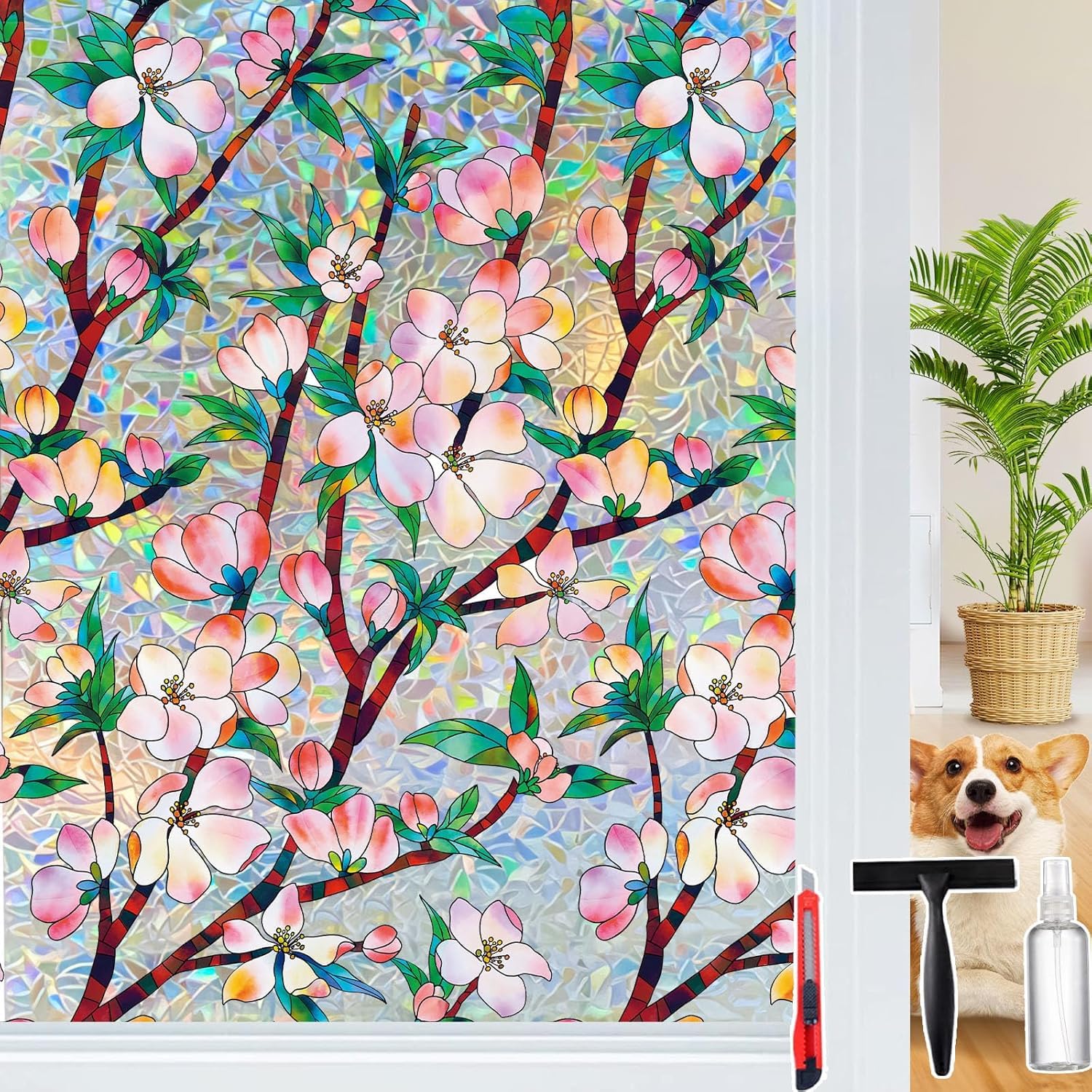 Rainbow Window Privacy Film Decorative, 3D Decals Stained Glass Clings, Static Cling Sticker, Suncatcher Windows Cover Tint for Home, 23.6 Inch x 157.4 Inch
