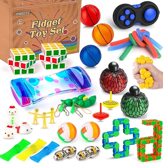 Mibote 34 Pcs Fidget Toys Set, Sensory Fidget Toys Bundle for Kids/Adults Stress Relief and Anti-Anxiety Hand Toys , Liquid Motion Timer, Fidget Pad, Snake Cube, Puzzle Balls, Cube