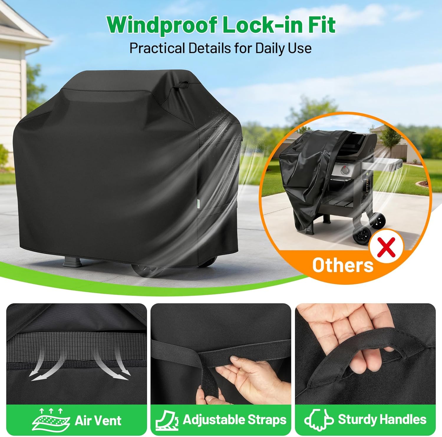 Grill Cover 50 Inch, Heavy Duty Waterproof BBQ Grill Cover for Outdoor Grill with Windproof Straps/Air Vents & Handles, Barbecue Gas Grill Cover for Weber, Char-Broil, Nexgrill, Black