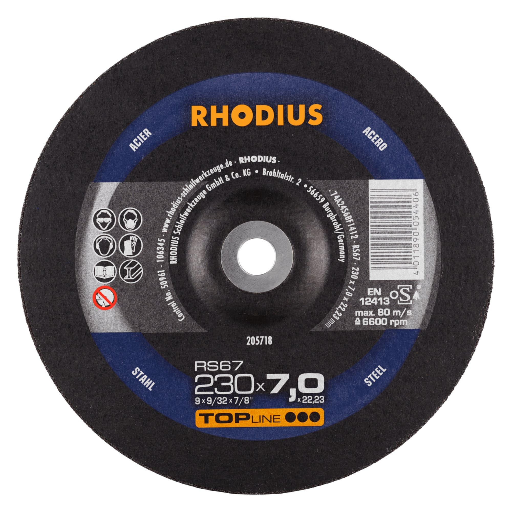 Rhodius RS67 - Discos de desbaste para acero (230 x 7,0 mm, 10 unidades)