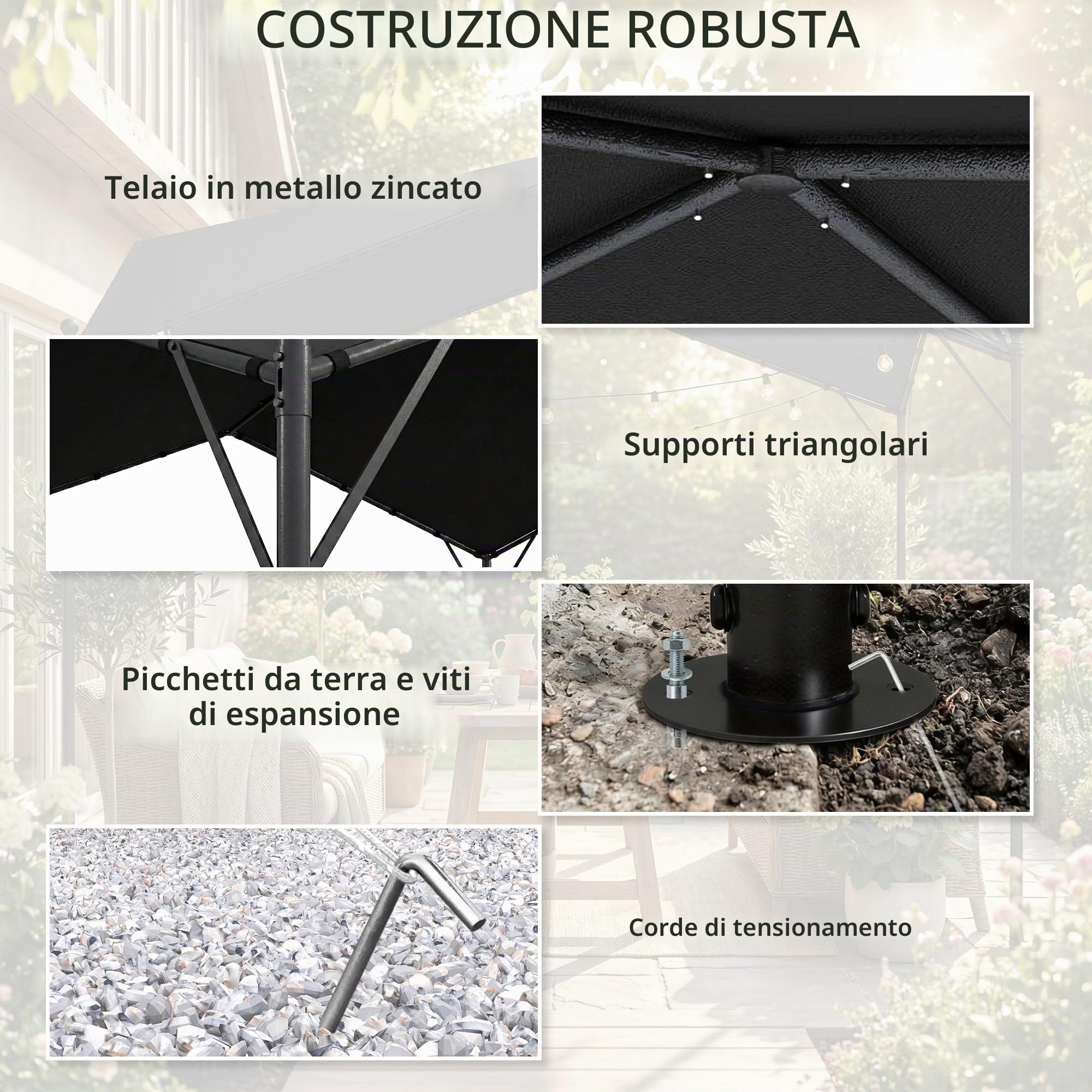 Outsunny Pergola 3x3m idrorepellente a due falde Grigio scuro