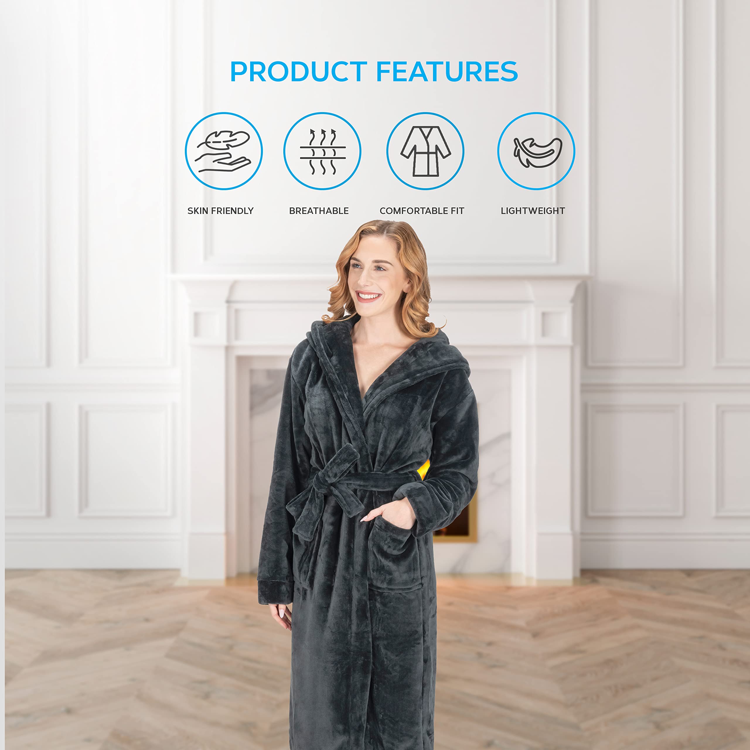 MONHOUSE Womens Dressing Gown - Premium Super Soft & Cosy Long Bathrobe - Ladies Thick Flannel Luxury Housecoat - Warm Fluffy Shearling Spa Robe for Her - Sherpa Bathrobe - Black UK 16-18