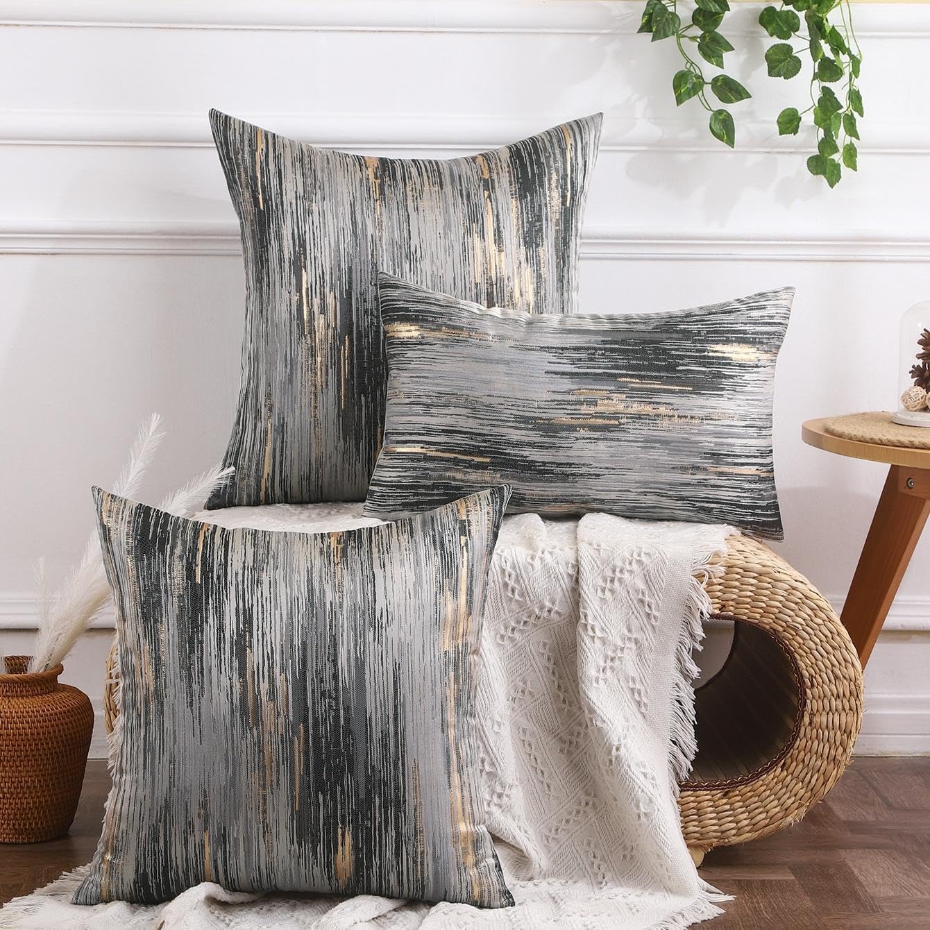 Fundas de cojín 50x50 cm jacquard gris y dorado juego de 2 piezas decorativas para sofá y salón