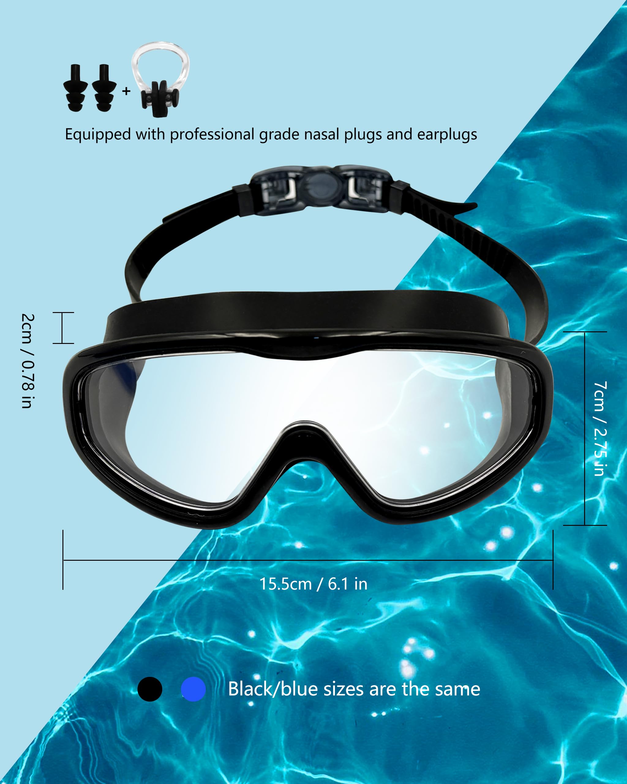 Gafas de natación con revestimiento antivaho, protección UV, paquete de 2 con tapones para los oídos, negro y azul
