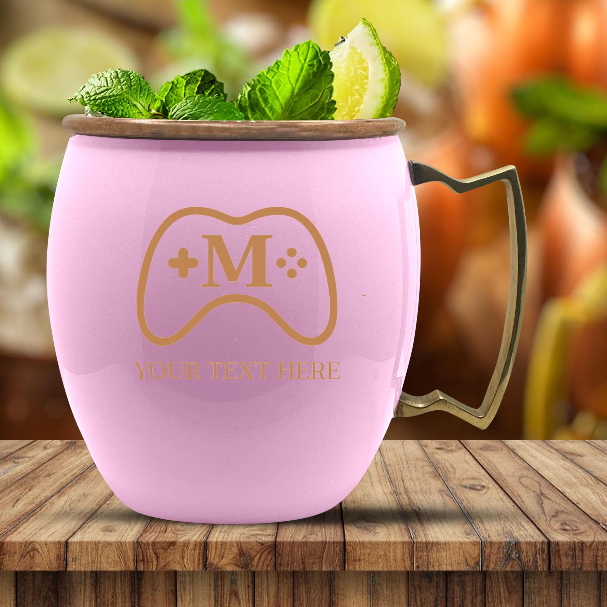 Custom Copper Moscow Mule with Smooth Painted Finish - Engraved Bar Style 100% Copper Cup with Personalized Controller Monogram Gamer Themed Engraving, Brass Handle | 18 oz, Pink | Set of 4