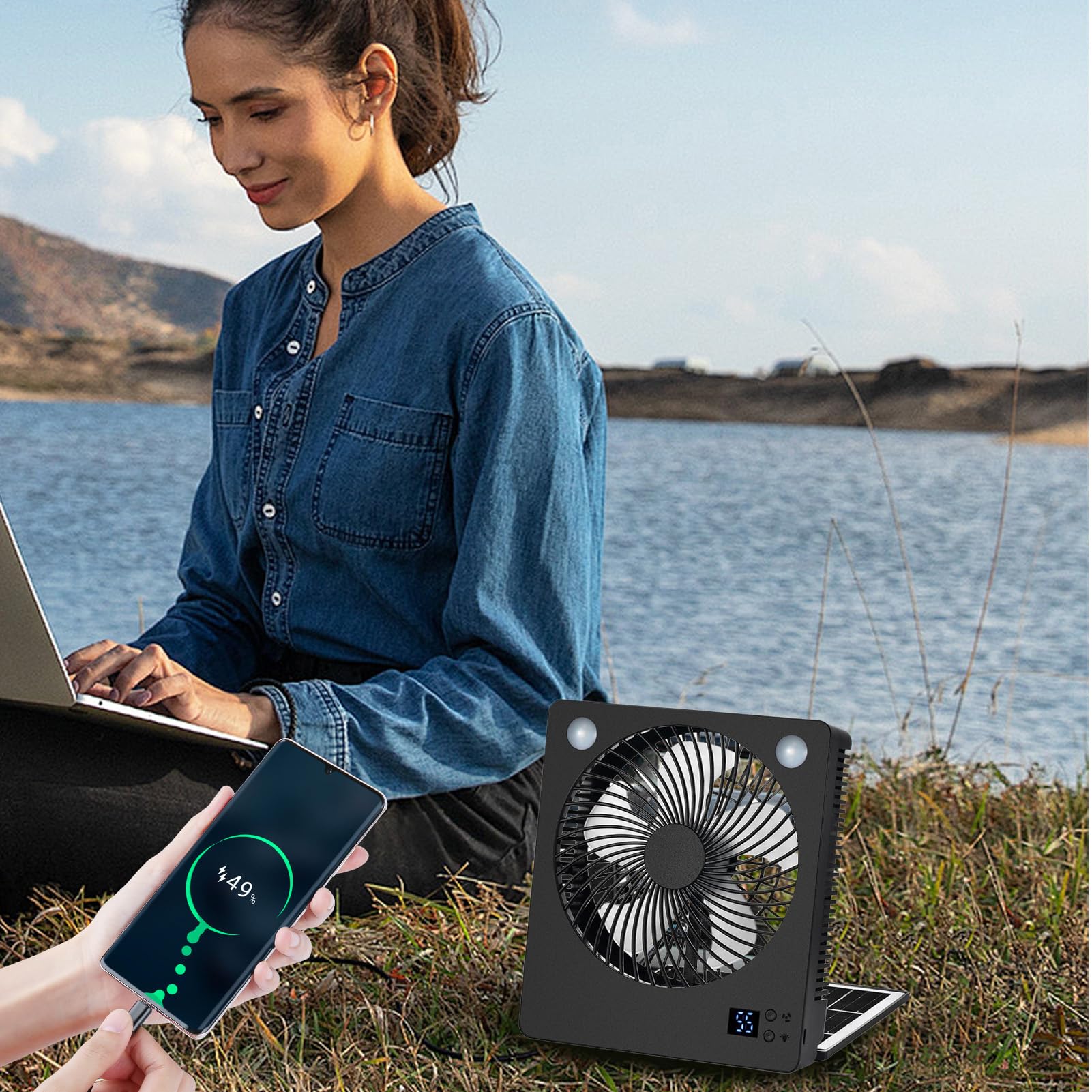 Ventilateur à énergie solaire rechargeable à batterie 3 vitesses LED