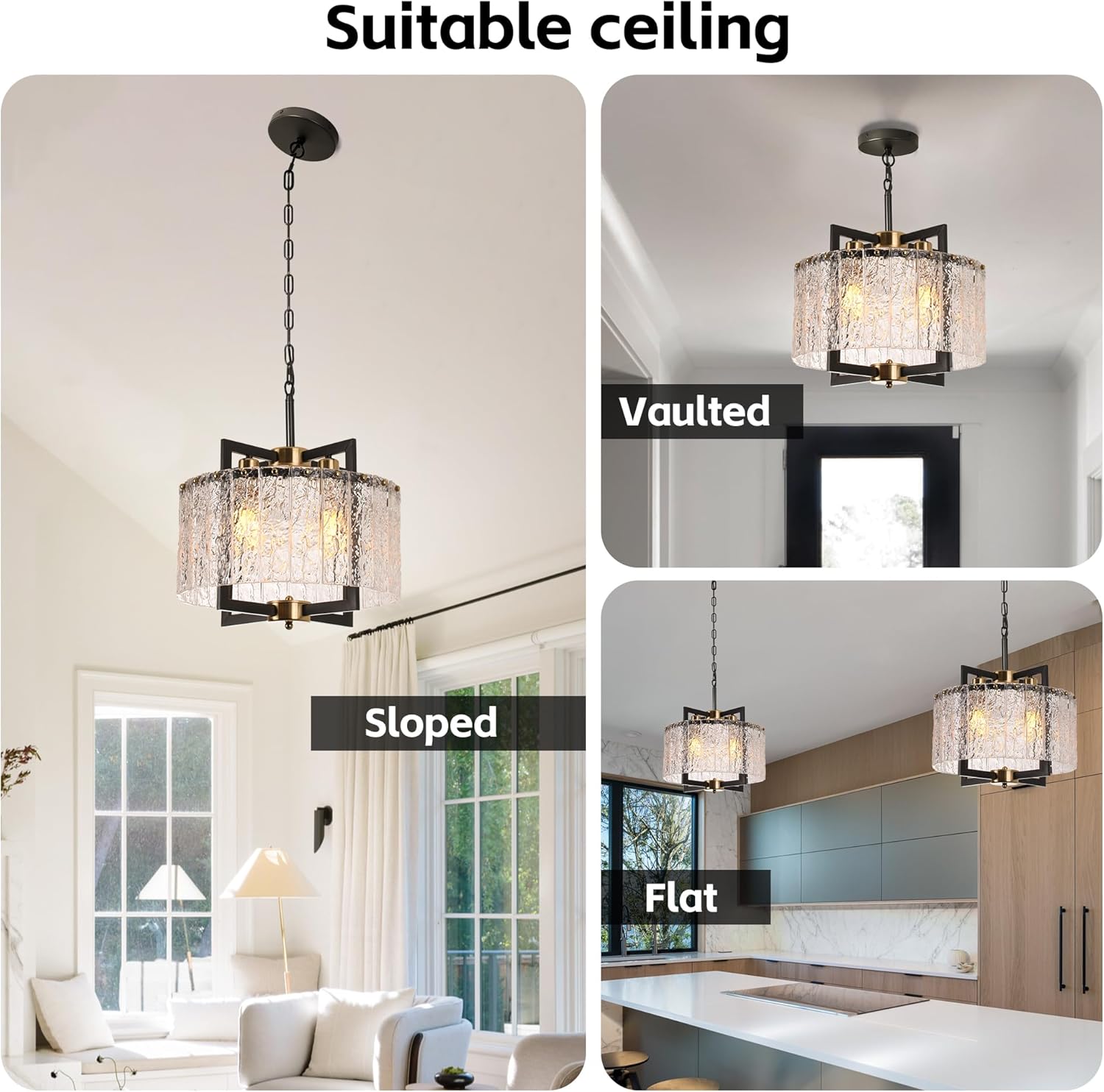 Chandelier installed on sloped, vaulted, and flat ceilings