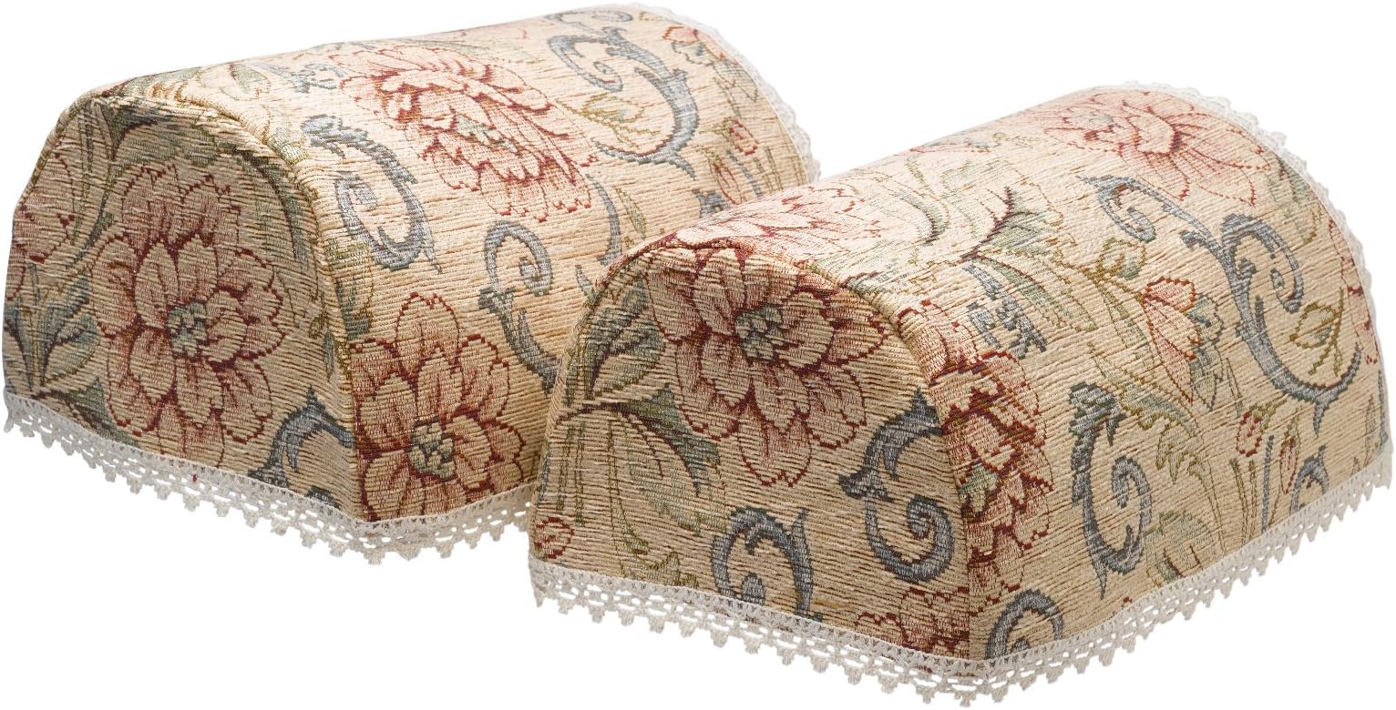 Tapestry Style Pair of Round Arm Caps Lace Trim Pink Floral Sofa Furniture Cover Antimacassar (Beige)
