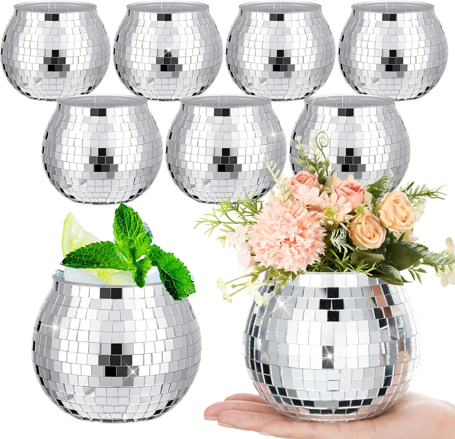 Yungyan Disco Ball Flower Vase Planter Large Centerpieces Ice Bucket Plastic Disco Ball Party Champagne Vase for Wedding Table Birthday Party Decoration(8 Pcs,5 Inch)