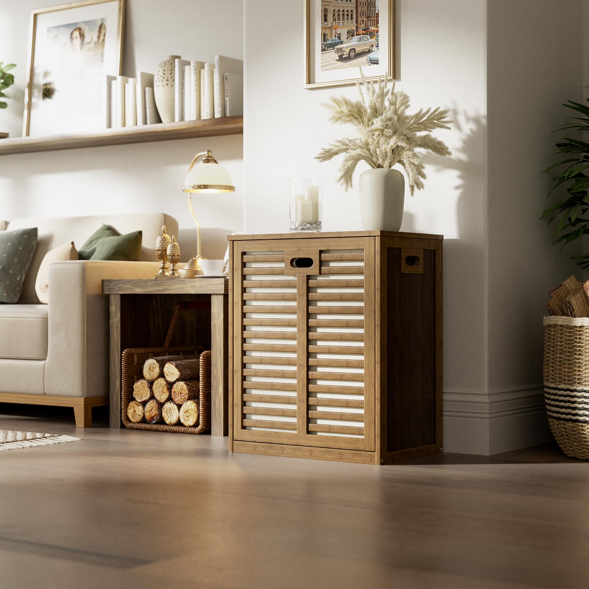 HITNET Armario de Baño con Cesto Ropa Sucia, Mueble Ropa Sucia de Bambú, Cesta Lavandería, Bolsa Interior Extraíble con Asas para sala de estar y dormitorio, Nogal