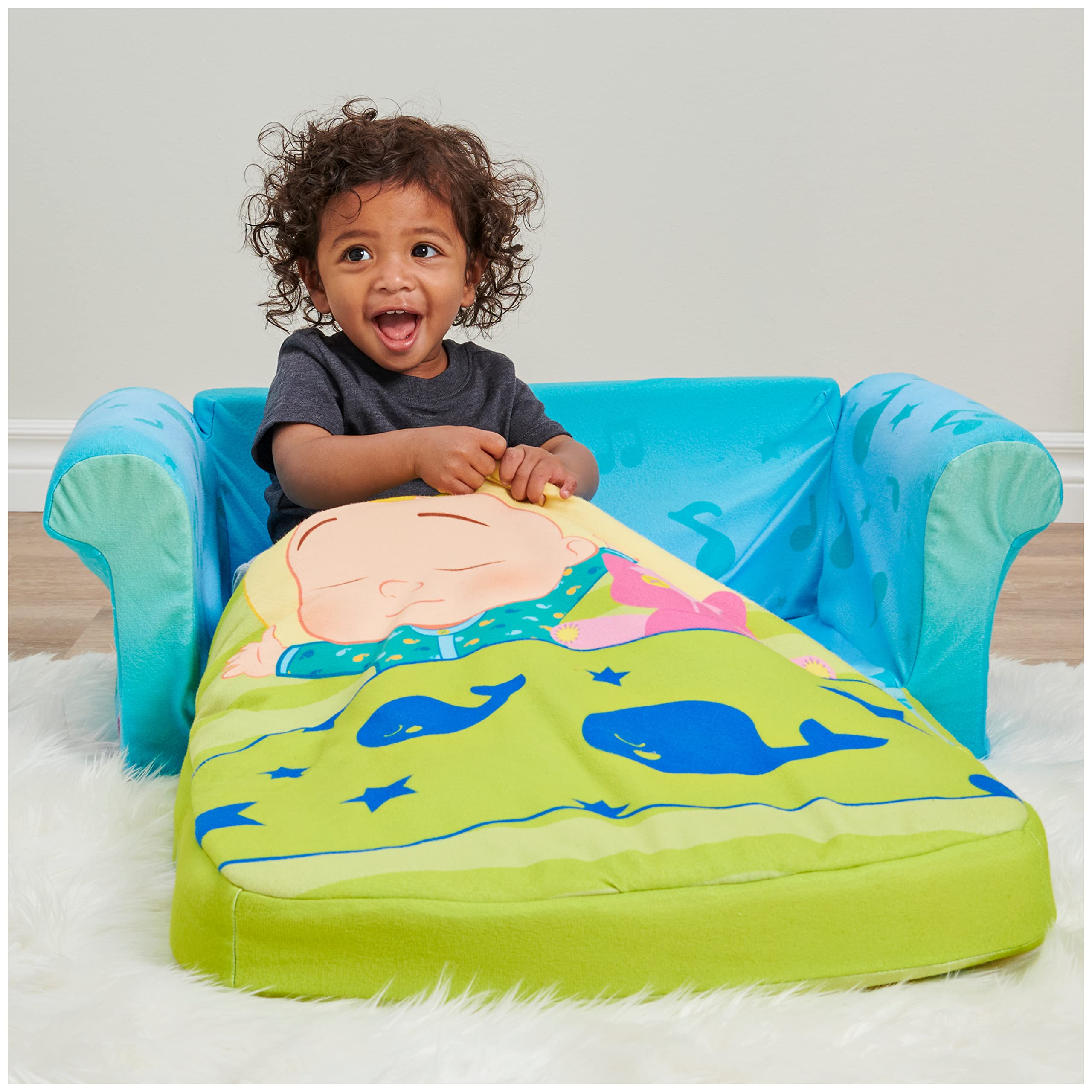 Marshmallow Furniture, Cocomelon 3-in-1 Slumber Sofa, Foam Toddler Nap Mat with Attached Blanket
